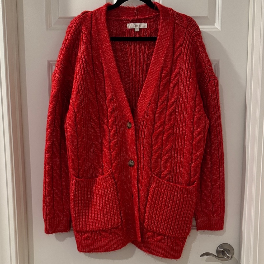 Loft Red Cable Knit Cardigan